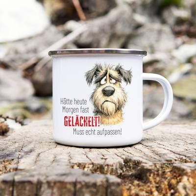 Emaille Tasse 'Gelächelt' mit witzigem Motiv - Metalltasse, 300 ml