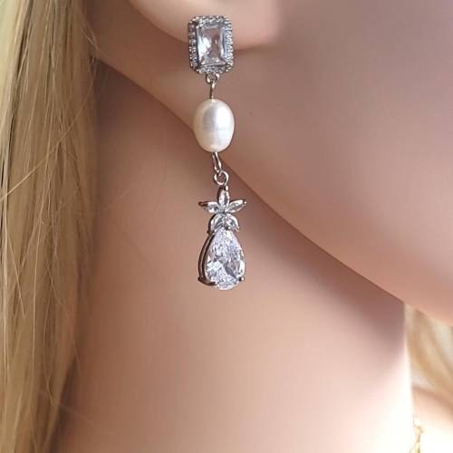 Echte Süßwasserperlen Brautohrringe in Silber, Braut Ohrstecker, elegante Ohrringe, Brautschmuck, Braut Ohrstecker mit Z