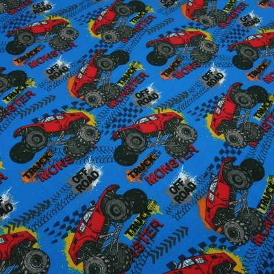 Stoff Baumwolle French Terry Monster Trucks Offroad blau rot gelb schwarz grau bunt Kleiderstoff Kinderstoff