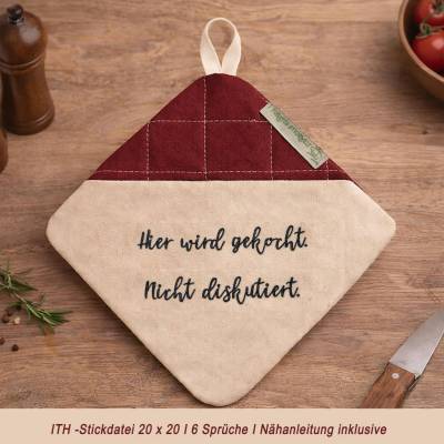 ITH-Stickdatei 20×20 cm – 6 Sprüche für Topflappen – DIY-Geschenkidee