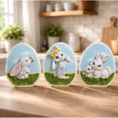 Ostern Dekoration - Osterhase aus Kaltporzellan auf Rasen - Osterei