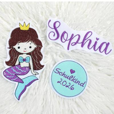 Applikation/ Patch/ Meerjungfrau/ Aufnäher/ Set 3 Teilig/ türkise lila gestickt Bügelbild mit Name