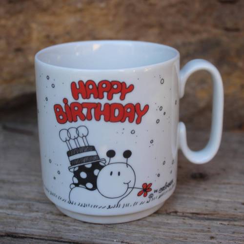 Kaffeebecher Kaffeetasse "Happy Birthday" mit Schnecken Motiv von W. Steinbeck Vintage