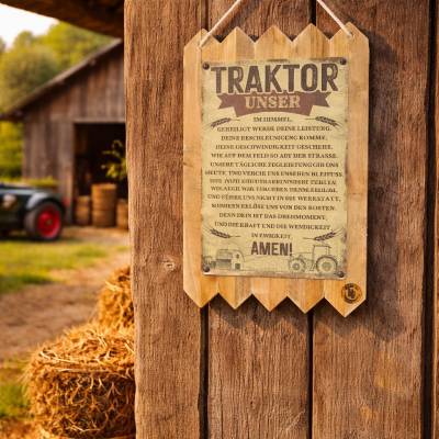 Handgefertigtes Blechschild auf Altholz – „Der Traktor Unser - Deko für Traktor Fans - Gartendeko im Vintage Stil