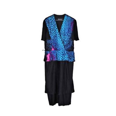 Vintage 80er Abendkleid Plissee Kleid Crash XL 44 Schwarz Blau Pink Krepp Midikleid Sommerkleid 