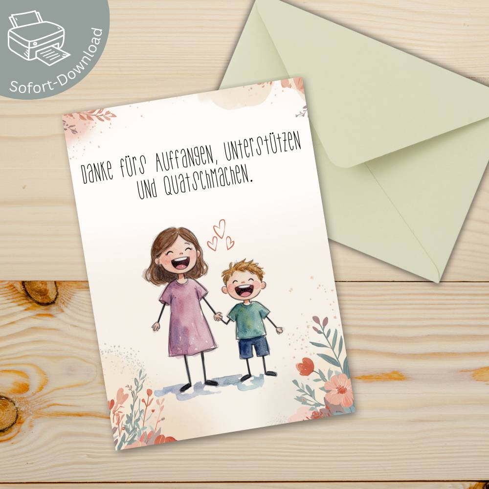 Muttertagskarte von Sohn an Mama als PDF Download – Danke fürs Auffangen Unterstützen und Quatschmachen – Aquarelllook Bild 1