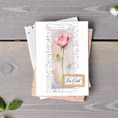 FÜR DICH, Klappkarte Rose A6 – Karte mit handgemaltem Blumenmotiv auf Struktur-Karton mit Umschlag