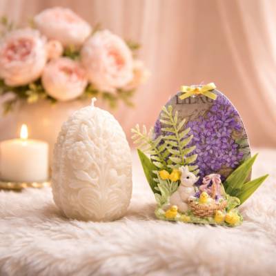 Osterdekoration - 2-er Set - Kerze und Osterei mit Kaltporzellan Verzierung