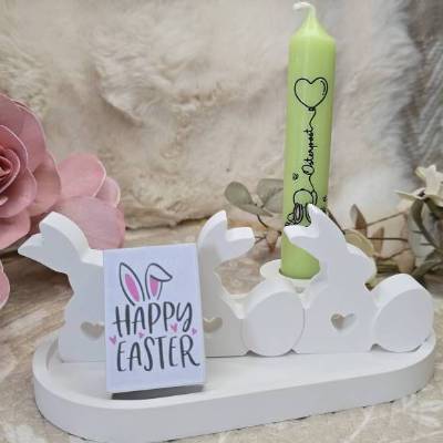 Raysin Osterdeko Set: 3 Häschen mit Tablett & Kerze – Handgefertigte Frühlingsdeko für dein Zuhause