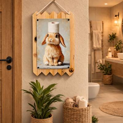 Blechschild Hase Klopapier WC Schild – Lustige Badezimmer Deko – Bad Wanddeko auf Altholz – Toiletten Schild Humor