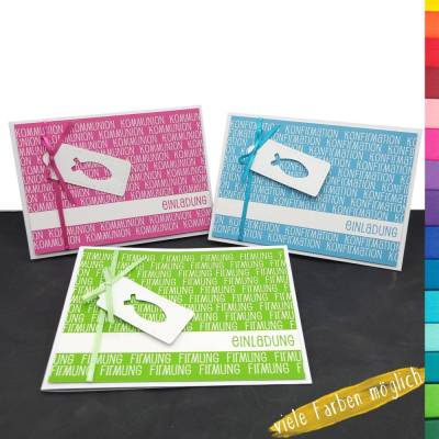 Einladungskarte zur Kommunion, Konfirmation & Firmung – Farbenfroh, individuell & mit Fisch-Anhänger
