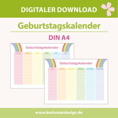 Geburtstagskalender Regenbogen – Digitaler Download DIN A4 zum Ausdrucken