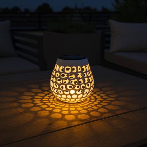 Solar Tischlicht mit geometrischem Schattenspiel – 3D-gedruckt aus weißem PETG | Ideal für Terrasse, Balkon, Garten oder