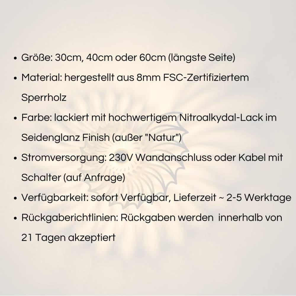 Wandlampe aus Holz, Nautilus Muschel, 40cm Holzlampe Schlafzimmer, Beleuchtung Wohnzimmer, E27 Fassung, Effektbeleuchtun Bild 3