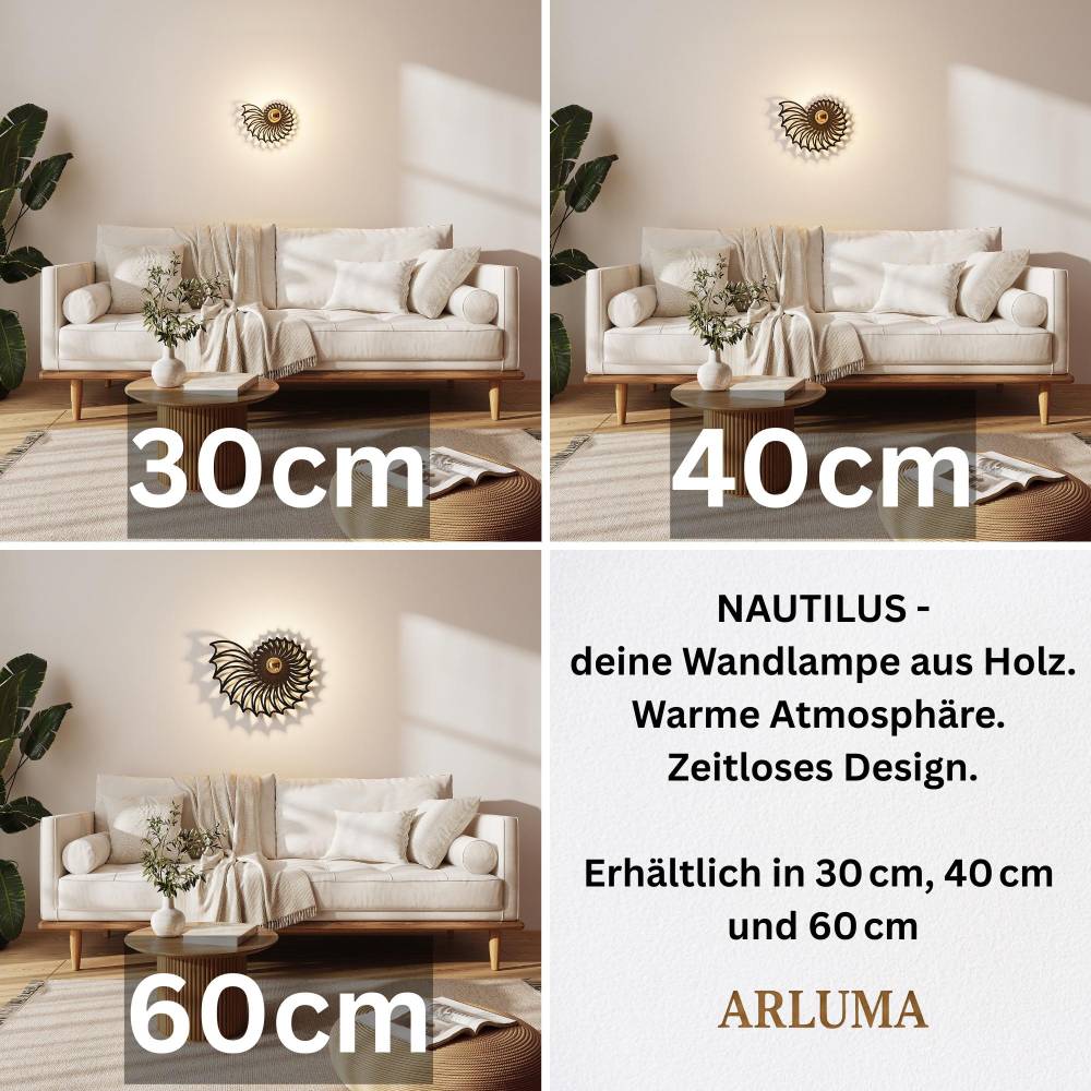 Wandlampe aus Holz, Nautilus Muschel, 40cm Holzlampe Schlafzimmer, Beleuchtung Wohnzimmer, E27 Fassung, Effektbeleuchtun Bild 4