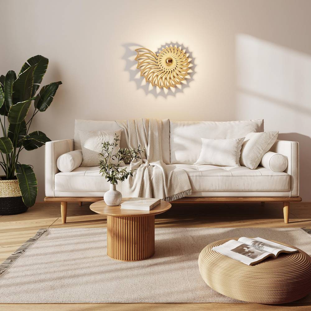 Wandlampe aus Holz, Nautilus Muschel, 40cm Holzlampe Schlafzimmer, Beleuchtung Wohnzimmer, E27 Fassung, Effektbeleuchtun Bild 5