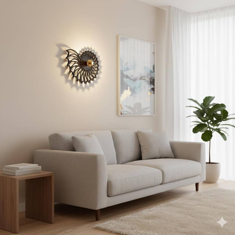 Wandlampe aus Holz, Nautilus Muschel, 40cm Holzlampe Schlafzimmer, Beleuchtung Wohnzimmer, E27 Fassung, Effektbeleuchtun Bild 7