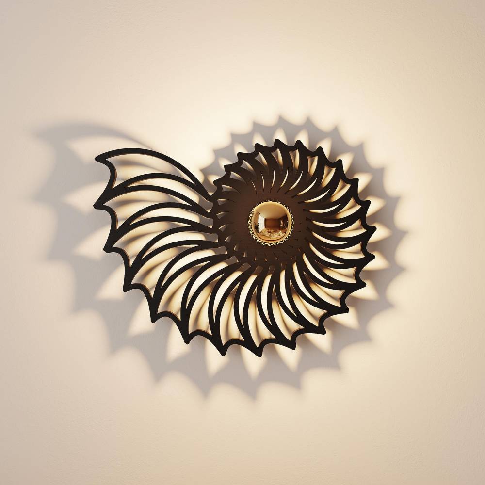 Wandlampe aus Holz, Nautilus Muschel, 40cm Holzlampe Schlafzimmer, Beleuchtung Wohnzimmer, E27 Fassung, Effektbeleuchtun Bild 8