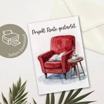 Aquarellkarte "Projekt Rente gestartet" – Gemütlicher Ruhestandsgruß mit Buch & Kaffee