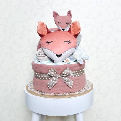 Windeltorte Fuchs – Zauberhaftes Geschenk zur Geburt in neutralen Farben