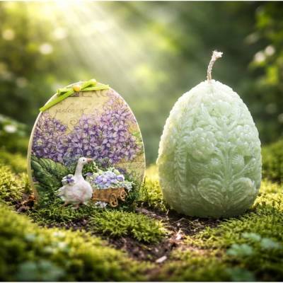 Osterdekoration - 2-er Set - Kerze und Osterei mit Kaltporzellan Verzierung