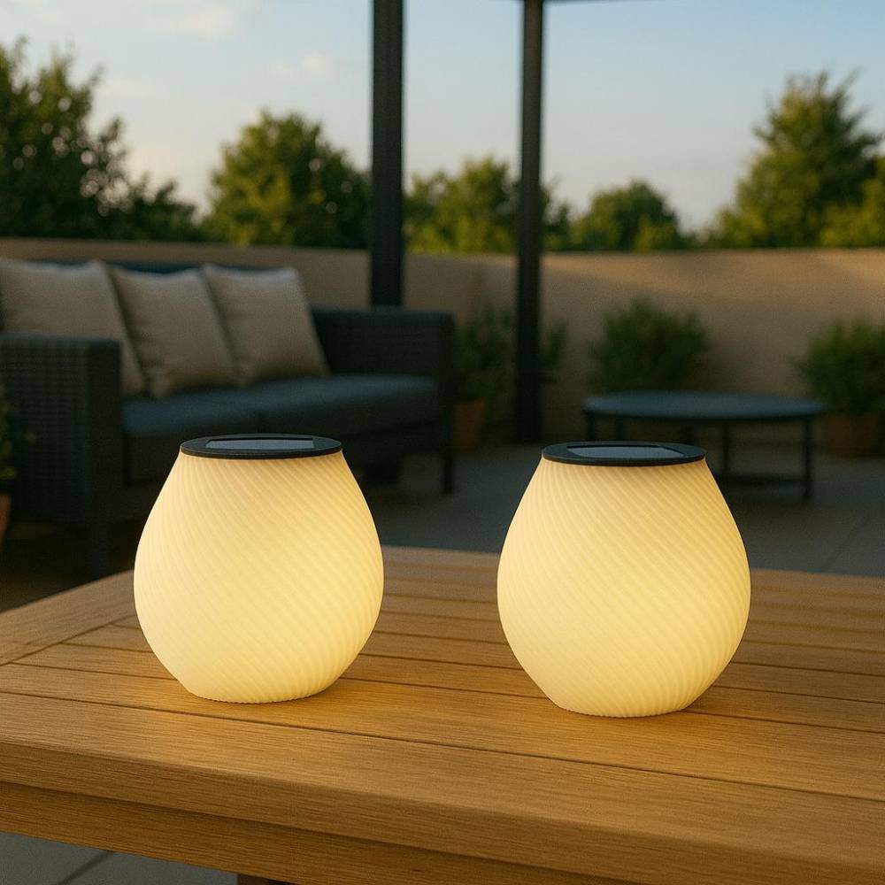 Solar-Tischlampe mit Spiralstruktur | Warmweißes LED-Licht | Modernes Design für Balkon & Terrasse | 12 cm