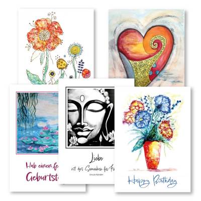 Glückwunschkarten 5er-Set Aquarell – DIN A6 – Kunst im Kuvert – Geburtstagskarten & neutrale Karten