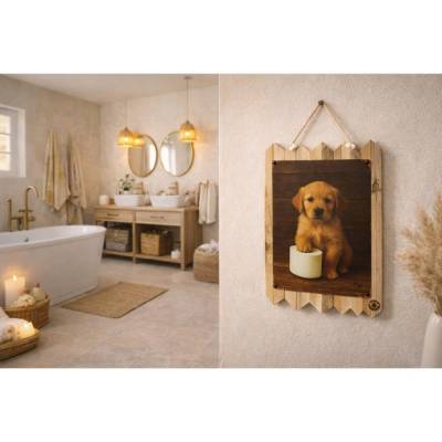 Blechschild auf Altholz -  Hundedeko Badezimmer- Bad & WC Deko - Wanddekoration für Hundeliebhaber Golden Retriever
