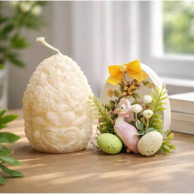 Osterdekoration - 2-er Set - Kerze und Osterei mit Kaltporzellan Verzierung