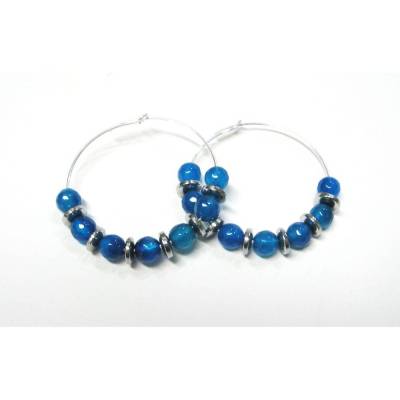 Chakra Ohrringe/Creole 925 Silber mit Achat Blau facettiert & Hämatit versilbert