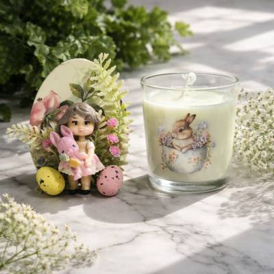 Osterdekoration - 2-er Set - Kerze im Glas und Osterei mit Kaltporzellan Verzierung