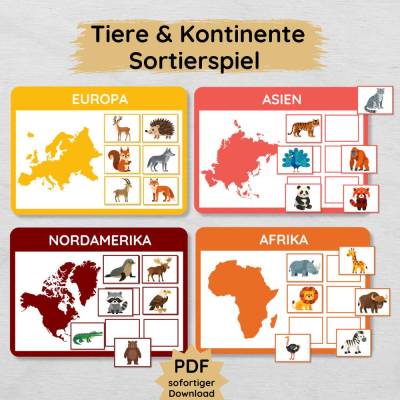 Tiere & Kontinente Sortierspiel für Kinder zum Ausdrucken, Tiere den Kontinenten zuordnen Legespiel