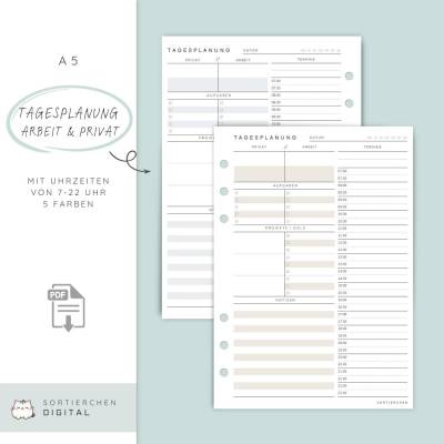 Tagesplaner A5: PDF Planereinlagen für Arbeit & Privat | 5 Farben | PDF Download | 1 Tag 1 Seite