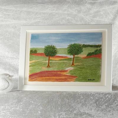 Landschaft "Zwei Bäume"  – 18 x 26 cm handgemalt, signiert, Gouache, Unikat