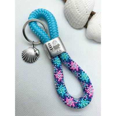 Schlüsselanhänger aus Segelseil/Segeltau, Zwischenstück: "Möwe und Leuchtturm", türkis/pink/lila/rosa