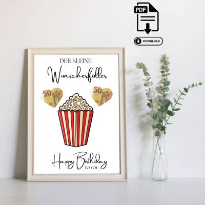Geldgeschenk Wunscherfüller Kino - Last Minute Geschenk Geld - PDF Download zum Ausdrucken -  Geburtstag Film Popcorn