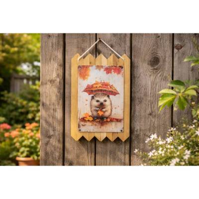 Blechschild auf Altholz - Igel Deko - Garten Dekoration - süße Herbst Deko - Altholzdekoration im Vintage Stil