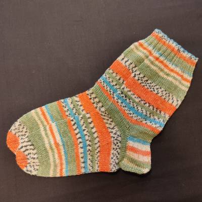 Handgestrickte Socken Gr. 40/41 Grün/Orange/Türkis/Beige