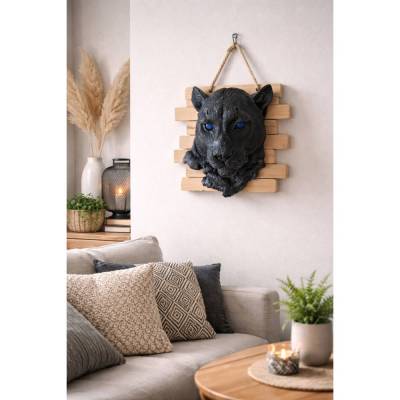 Großer Pantherkopf (23 cm hoch) aus Resin – eigene Form, nur bei uns. Ausdrucksstarke 3D-Wanddeko auf echtem Altholz.