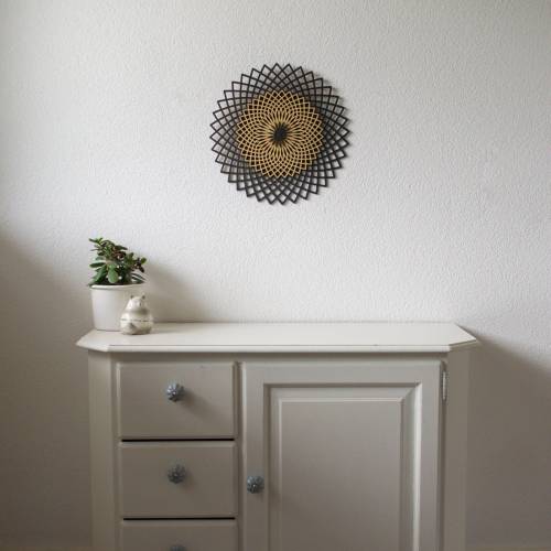 Wanddeko Holz Wohnzimmer, 3D Mandala, Geometrische Dekoration, 50x50 cm, schwarz und gold