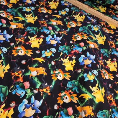 French-Terry Pokemon bunt schwarz 50x180cm – Öko-Tex Sommersweat, Digitaldruck Meterware