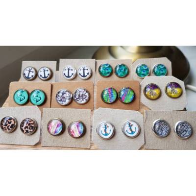Bunt Ohrstecker grün Cabochon blau Ohrringe braun leomuster Glasschmuck Federn Blumen Anker rockabilly