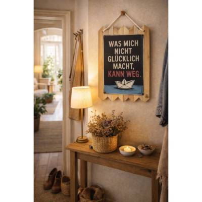 Handgefertigtes Blechschild auf Altholz – „Was mich nicht glücklich macht, kann weg“ - Motivation Deko