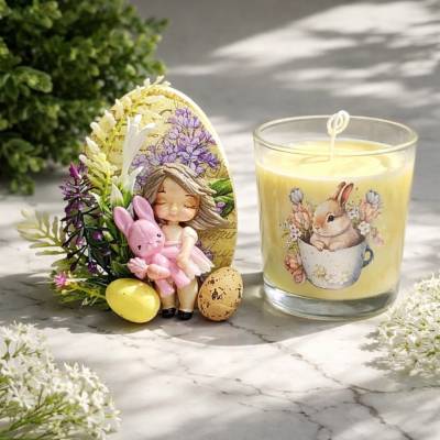 Osterdekoration - 2-er Set - Kerze im Glas und Osterei mit Kaltporzellan Verzierung