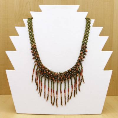 Handgefertigte Perlenkette mit Fransen – Statement Collier Grün Kupfer – Boho Schmuck