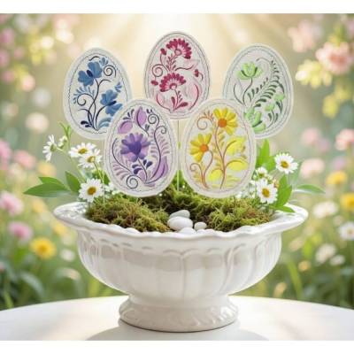 Stickdatei Ostern: Ostereier In the Hopp Blumenstecker Stabhalter Set 2641 – 5 Motive inkl. Anleitung