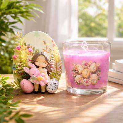 Osterdekoration - 2-er Set - Kerze im Glas und Osterei mit Kaltporzellan Verzierung