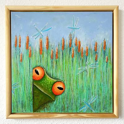 Eye Contact II, Blickkontakt mit einem Frosch im Schilf, Original, Frosch Bild, witziges Bild, Unikat, Malerei