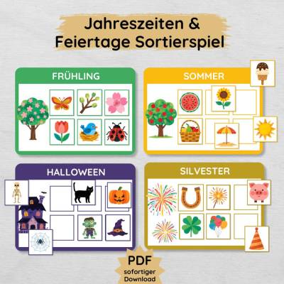 Jahreszeiten & Feiertage Sortierspiel für Kinder mit 4 Jahreszeiten und 4 Feiertagen zum Ausdrucken