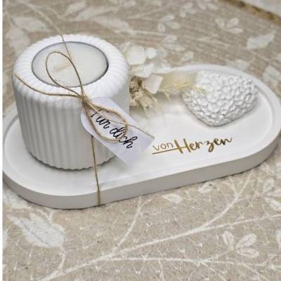 Raysin Deko-Set „von Herzen“ – Weiß Matt mit Goldfolie, Herz & Trockenblumen – Handgemachtes Geschenk
